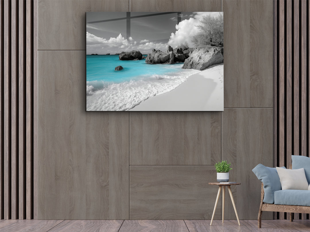 Black and White Beach Glass Printing Wall Art - Landscape Home&Office Wall Decor - Modern Glass Wall Art