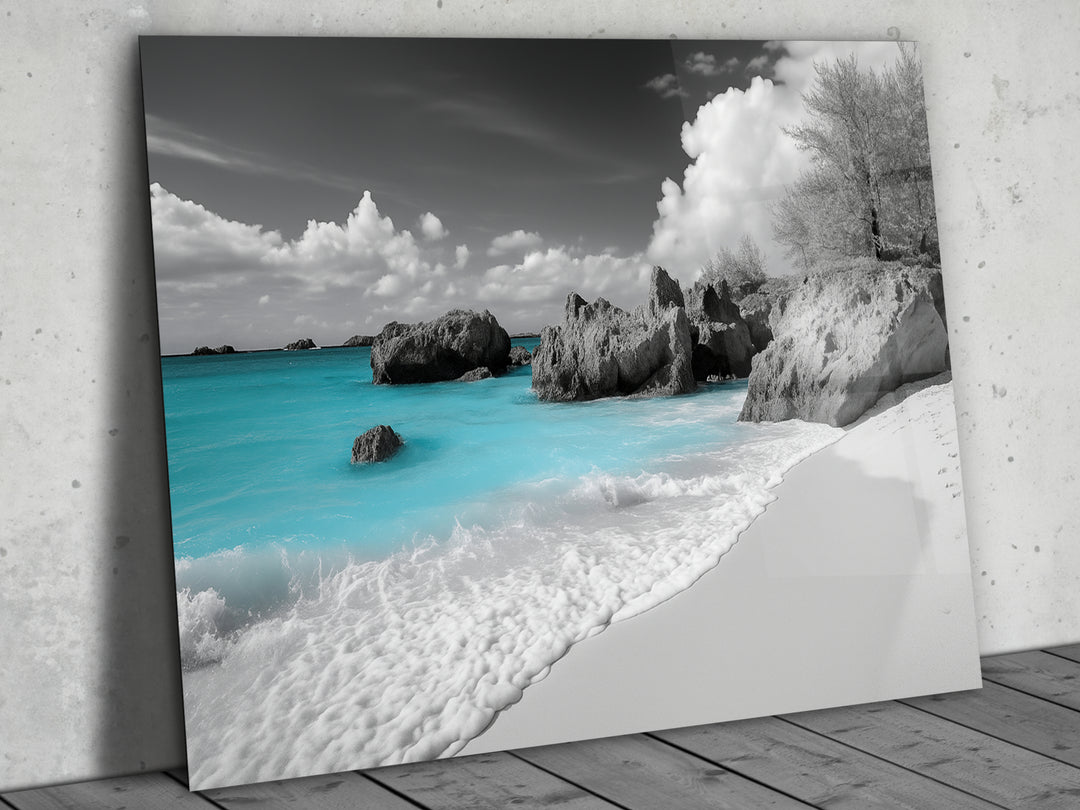 Black and White Beach Glass Printing Wall Art - Landscape Home&Office Wall Decor - Modern Glass Wall Art