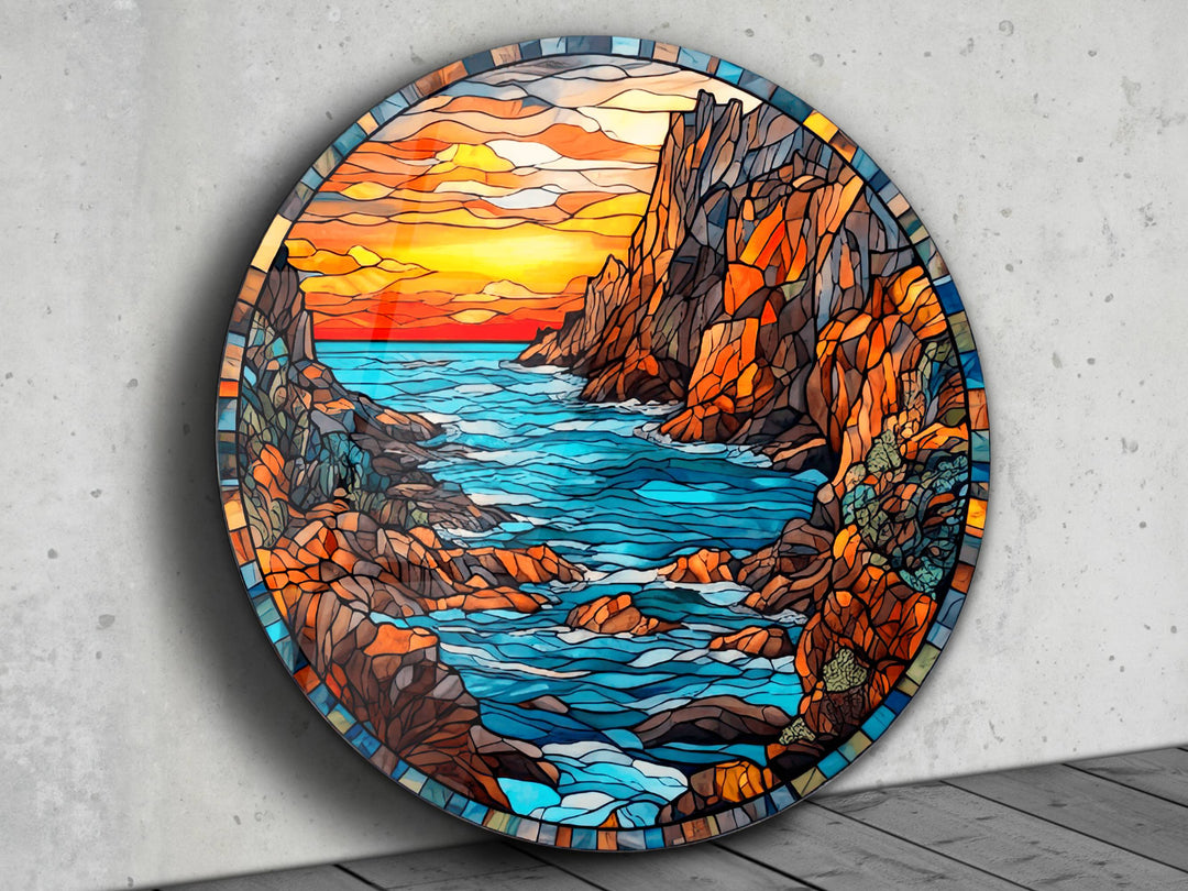 Stained Glass Sunset Pattern Wall Art Decor-Glass Printing Wall Painting Round