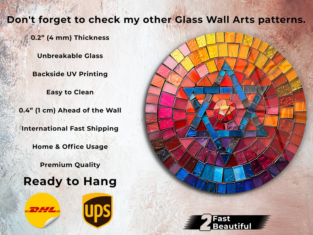 Star of David Colorful Stained Glass Pattern Wall Art Decor-Home&Office Glass Printing Wall Painting