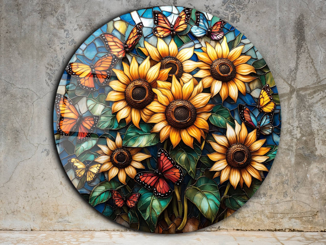 Sunflower Stained Glass Pattern Glass Wall Art - Home&Office Glass Printing Wall Decor