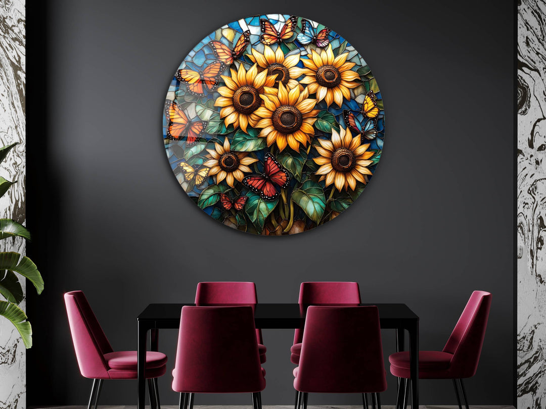 Sunflower Stained Glass Pattern Glass Wall Art - Home&Office Glass Printing Wall Decor