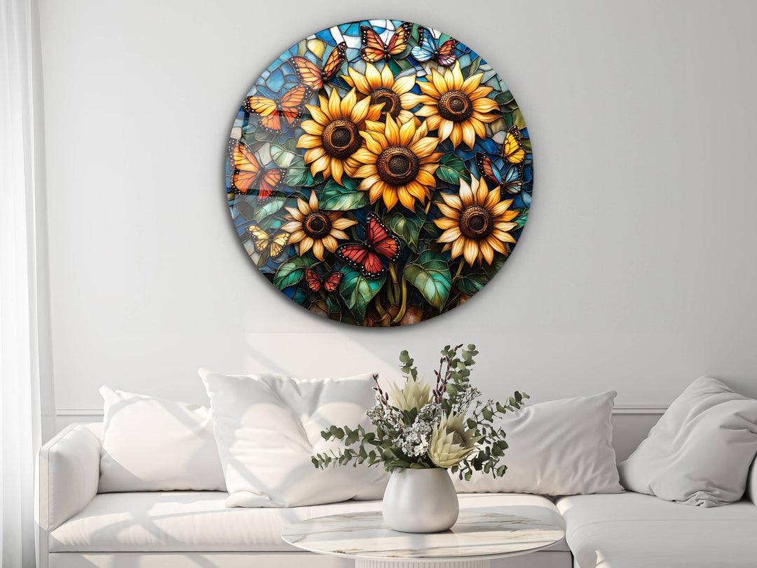 Sunflower Stained Glass Pattern Glass Wall Art - Home&Office Glass Printing Wall Decor