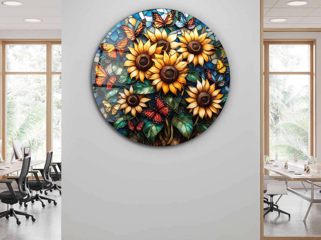 Sunflower Stained Glass Pattern Glass Wall Art - Home&Office Glass Printing Wall Decor