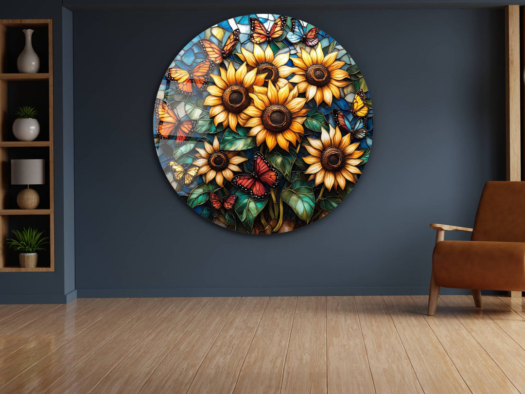 Sunflower Stained Glass Pattern Glass Wall Art - Home&Office Glass Printing Wall Decor