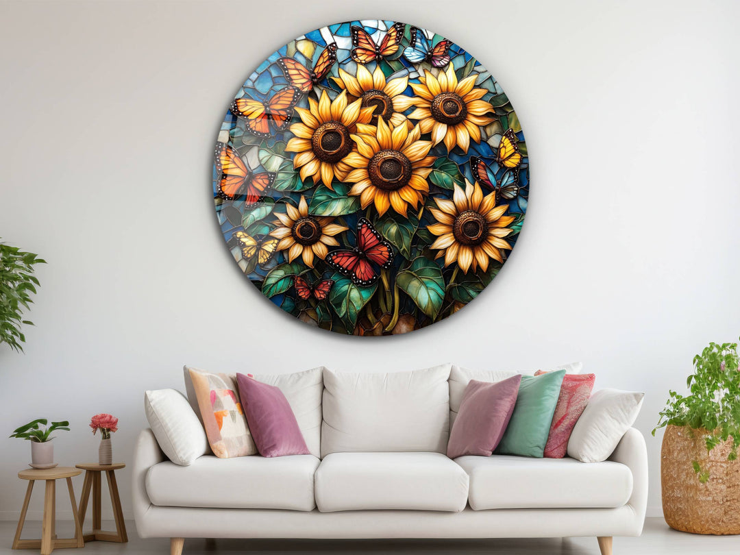 Sunflower Stained Glass Pattern Glass Wall Art - Home&Office Glass Printing Wall Decor