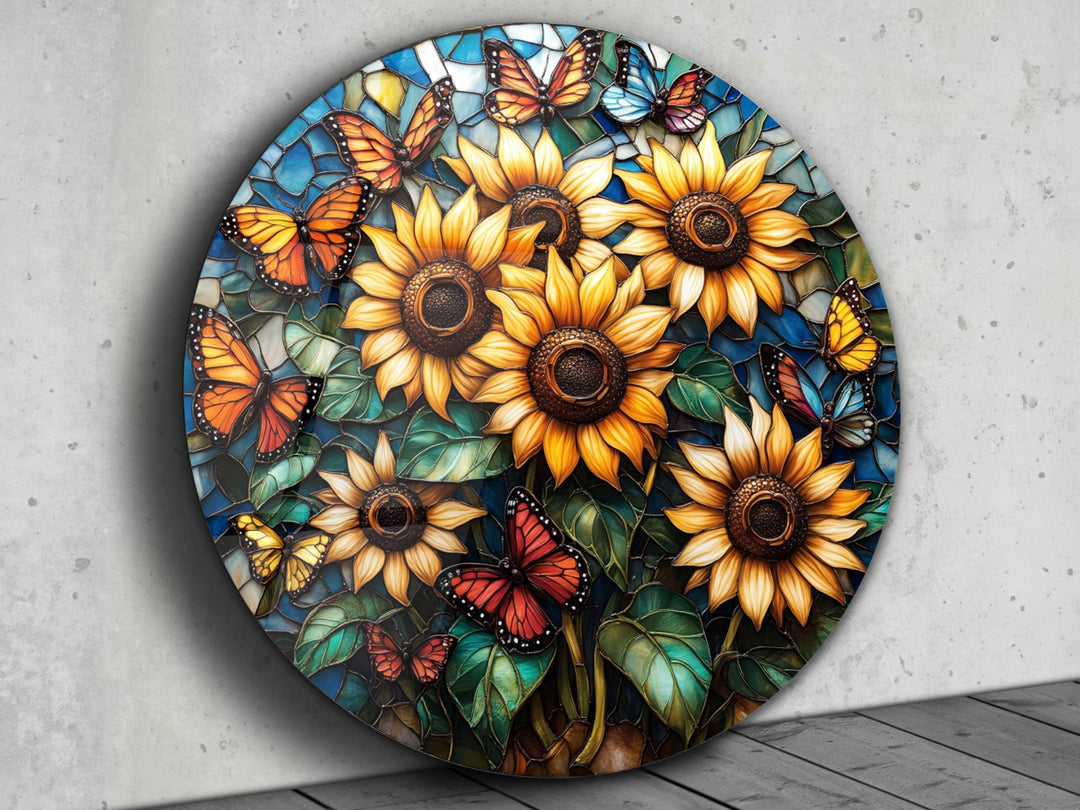 Sunflower Stained Glass Pattern Glass Wall Art - Home&Office Glass Printing Wall Decor