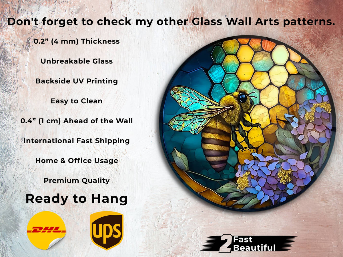 Stained Glass Bee Pattern Glass Wall Art - Home&Office Colorful Glass ...